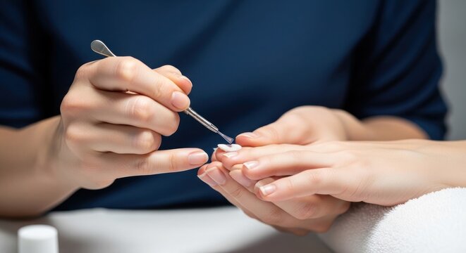 Close-up of a manicurist applying nail polish to a clients fingernail.