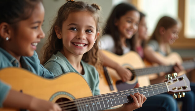 Girls play acoustic guitars together indoors. Children learn music lesson, smiling happily. Friends practice guitar skill in class, enjoy hobby time.