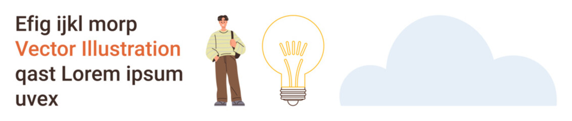 Creativity, education, innovation, idea generation, cloud storage, personal development. A man stands with a backpack near a symbolic light bulb and cloud. Creativity and innovation concept © robu_s