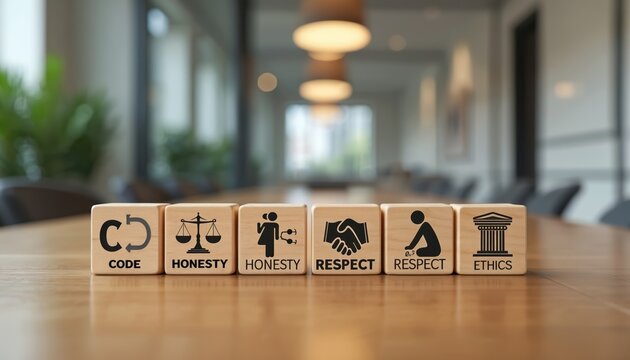 Business ethics represented by wooden blocks with icons for code honesty respect integrity and principles. Company values guide staff actions and corporate culture. Foundation for trust.