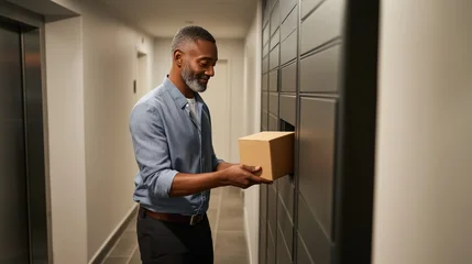 Man retrieving package from parcel locker in residential apartment hallway near elevator area © swillklitch
