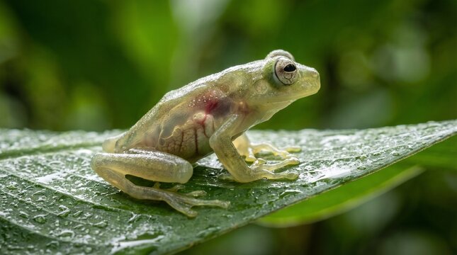 Transparent glass frog macro, visible inner texture, leaf background