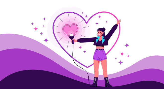 Woman Singing with Heart and Microphone, Music Performance, Love Song, Vibrant Purple Background