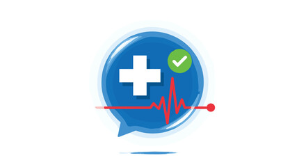 Fototapeta premium A glossy blue spherical speech bubble encapsulates a white medical cross and green checkmark while a red heartbeat line pulses across the center.