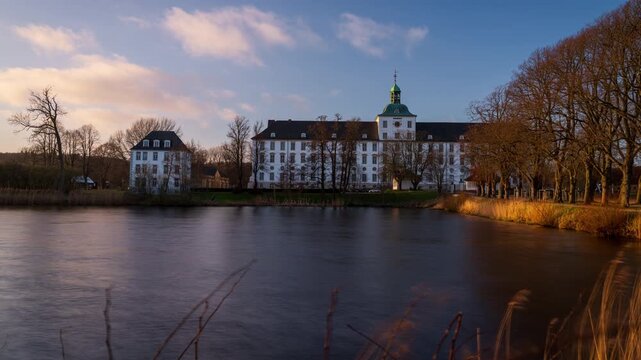 Time lapse clip of Gottorp Castle in the German city of Schleswig seen from the lake in front