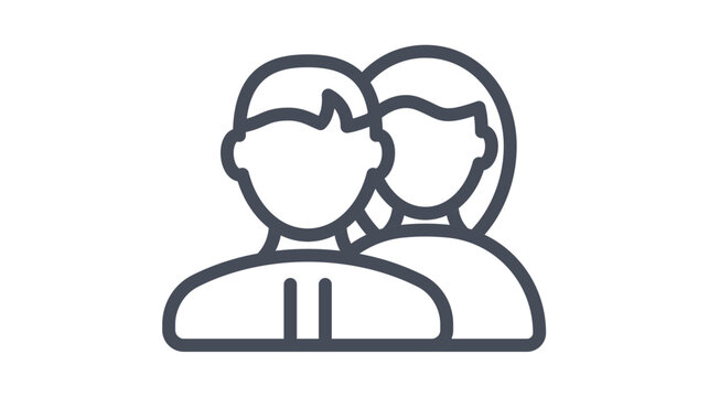 Minimalist black line vector icon of a man and a woman standing together, representing a couple, users, or a team. Clean and scalable graphic illustration for web design and profile symbols.
