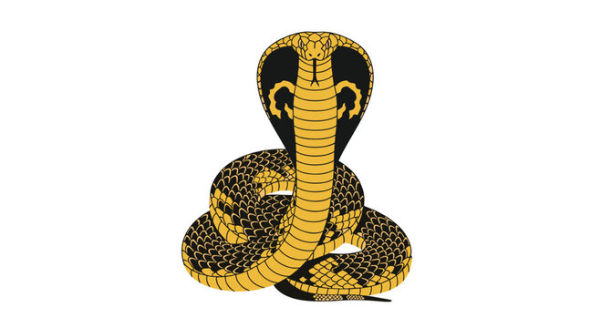 A detailed yellow and black cobra illustration features intricate scale patterns and unique hood markings while coiled in a defensive and powerful striking pose.