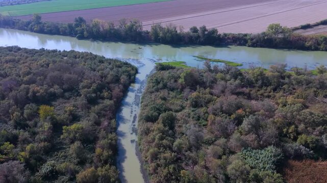 Gallur village, Ribera Alta del Ebro region, Zaragoza province, Aragon, Spain, Europe, 17 October 2025: Aerial view from a drone of the confluence of the Arba and Ebro rivers