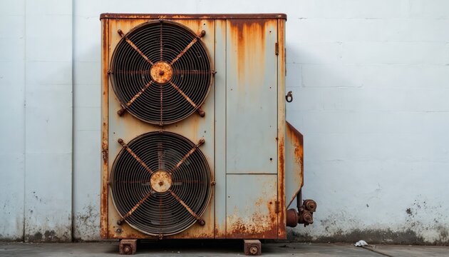 Exterior industrial fan unit shows heavy rust damage. Old metal HVAC machine sits on concrete floor. Weathered cooling equipment against white wall.