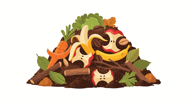 A rich brown heap of organic compost features various decomposing food scraps including yellow banana peels and red apple cores on a white background.