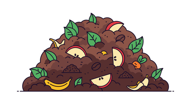 A stylized graphic illustration of a dark brown compost mound shows various organic waste items like apple slices and banana peels with thick outlines.