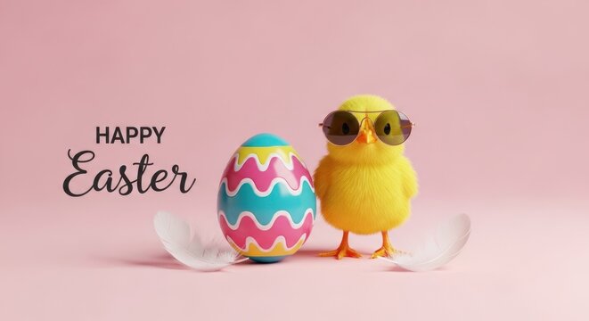 Cute Easter Chick Wearing Sunglasses Next to Decorated Egg.