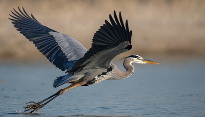 Fototapeta premium Great blue heron takes flight from water surface, wings spread wide. Bird is in motion over calm blue water, capturing its grace and power in nature.