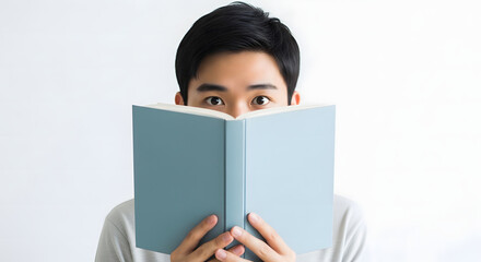 Naklejka premium Portrait of a curious young Asian man peeking from behind a blue book on white background