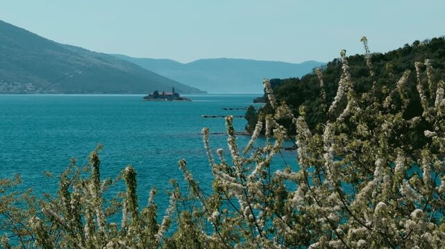 Spring Blooming View of Gospa od Milosti Island in Bay of Kotor