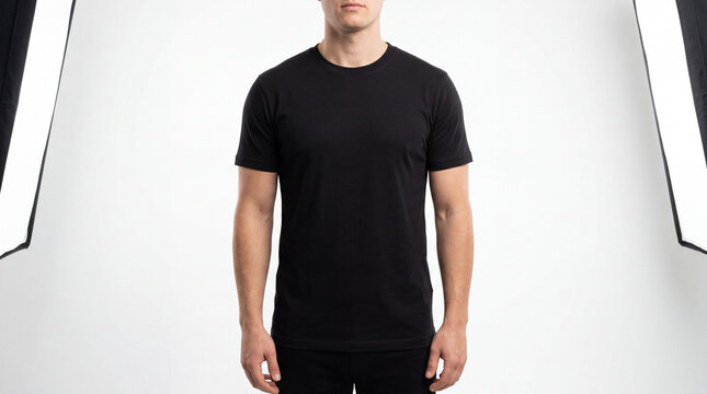 A man wearing a black t-shirt stands in front of a white background with softbox lights