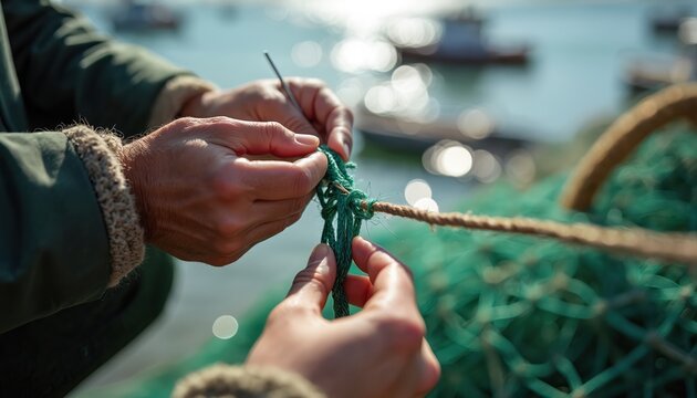 Skilled hands mend fishing net with green twine and rope. Close-up detail of fisherman fixing gear on boat deck. Nautical work involves knot tying. Ocean background.