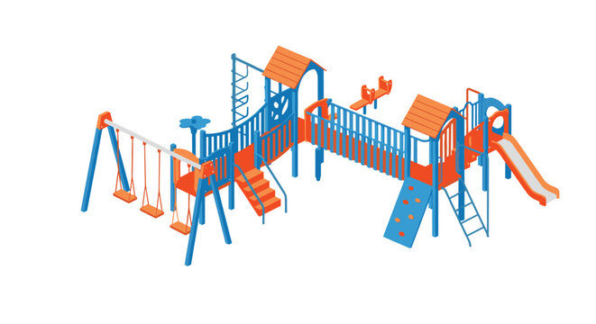 Vibrant isometric playground structure with orange roofs and blue supports includes various slides and swings under bright studio lighting on a white background.