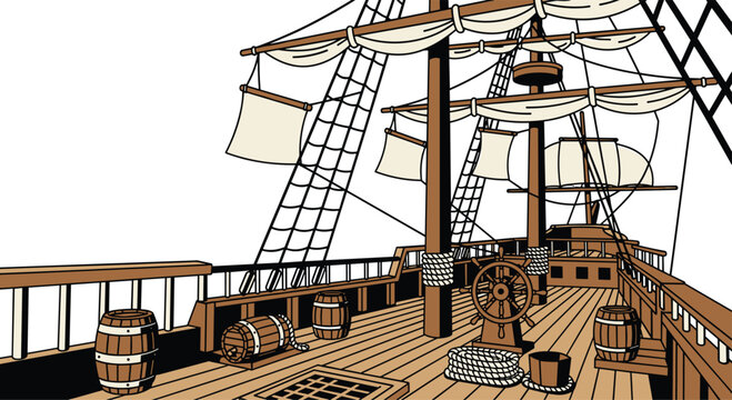A detailed angled view of a wooden ship deck showcases several storage barrels and a classic steering wheel beneath the complex rigging and furled sails.