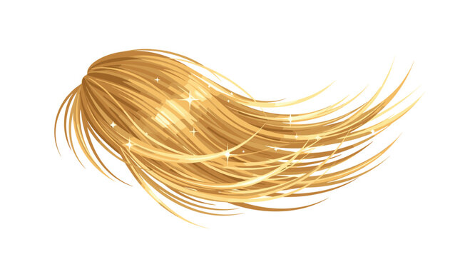 A flowing lock of lustrous golden blonde hair curves gracefully across a white background with bright white star-shaped glints and warm amber highlights.