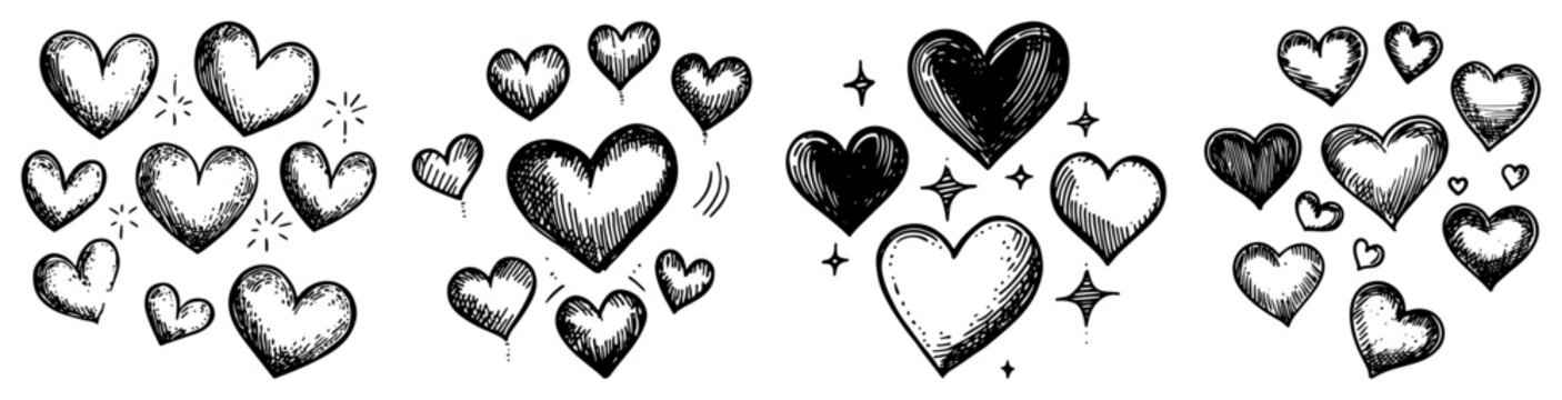 Romantic hearts set hand drawn icons for valentines day wedding or love message decoration