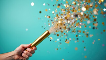 Obraz premium Hand holds gold confetti cannon. Colorful star and circle glitter explodes upwards creating festive atmosphere. Bright background adds joy to party.