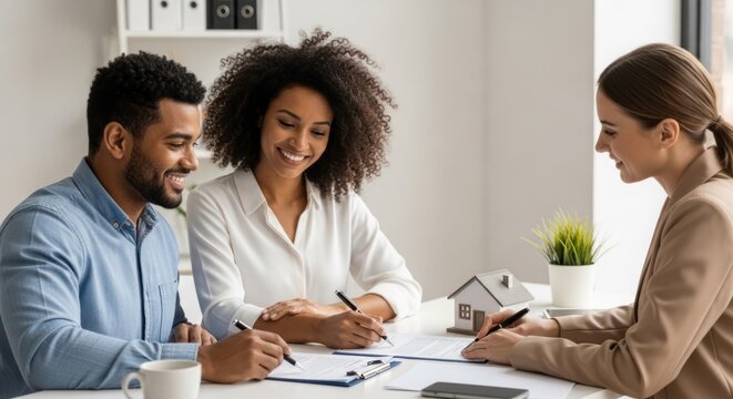 Diverse couple signs contract with real estate agent in modern office.