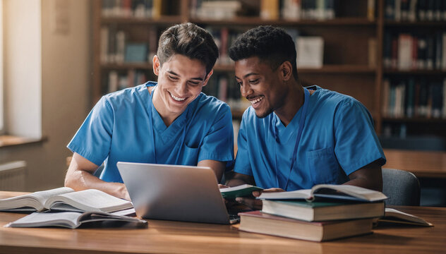 Two diverse male healthcare students in blue medical scrubs collaborate happily on a laptop with books, studying in a library, focusing on education and technology