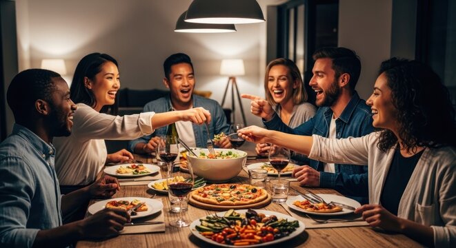 Diverse group of friends enjoying a lively dinner party at home.