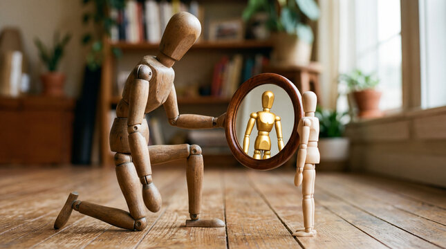 A wooden mannequin kneels to admire a golden reflection in a mirror held by another mannequin in a cozy room.