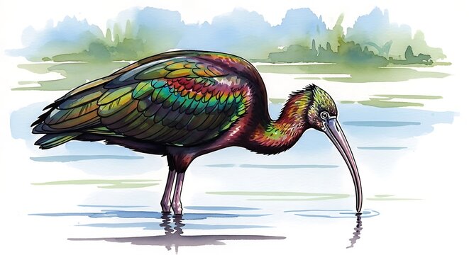 Vibrant ibis wading gracefully in shallow waters near a distant landscape