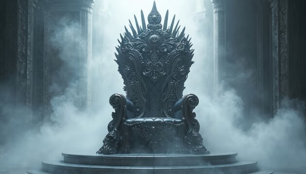 Dark ornate silver throne sits empty on raised platform. Mystical fog swirls around ornate carved furniture. Dramatic medieval castle interior, nobody present.
