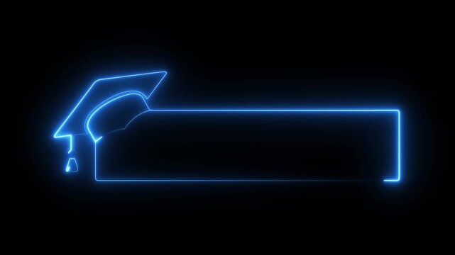 Glowing neon graduation cap and blank frame icon isolated on black background. Graduate college, high school or educational cap symbol. degree ceremony hat with line stroke border. 4k video animation