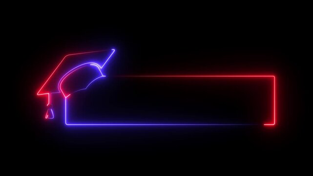 Glowing neon graduation cap and blank frame icon isolated on black background. Graduate college, high school or educational cap symbol. degree ceremony hat with line stroke border. 4k video animation