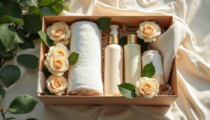 Fototapeta premium Luxury spa gift box with assorted beauty items, cream, lotion, soft towel, delicate roses. Elegant self-care package for relaxation, pampering, presented beautifully for special occasion event.