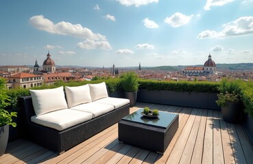 Obraz premium Rooftop terrace furniture offers scenic city views. Outdoor seating area overlooks historic architecture and domes under bright sky. Relaxing urban retreat provides peaceful ambiance.