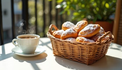 Obraz premium Wicker basket holds sweet powdered pastries. White cup with hot coffee sits nearby on table. Sunny balcony offers outdoor cafe ambiance for cozy morning meal.
