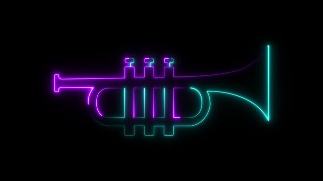 Glowing neon Trumpet icon isolated on black background. musical instrument icon and brass instrument illustration. Musical instrument trumpet icon. instrument used in classical and jazz ensembles. 4k