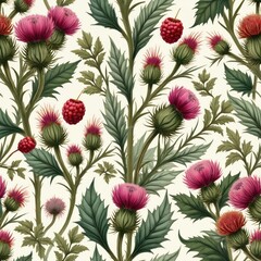 Fototapeta premium Seamless pattern with pink thistles and green leaves. Berries are interspersed among thistle flowers and foliage. Vintage botanical illustration style repeats motif.