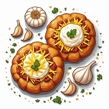 Two Hungarian langos flatbreads with sour cream and cheese toppings. Delicious fried dough snacks with garlic and parsley. Perfect street food treat.