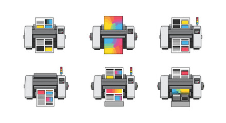 Fototapeta premium Six modern desktop printers are arranged in two rows, each actively printing various colorful documents and vibrant gradient test sheets on white.