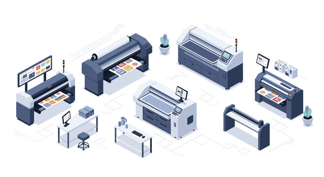 A comprehensive isometric illustration of a professional printing studio displays several large wide-format printers and organized workstations.