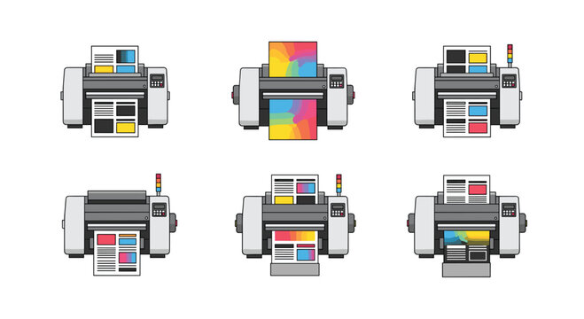 Six modern desktop printers are arranged in two rows, each actively printing various colorful documents and vibrant gradient test sheets on white.