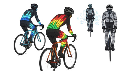 Obraz premium Cyclists riding bicycles in colorful outfits and monochrome
