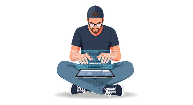 Man sitting cross-legged with laptop on lap