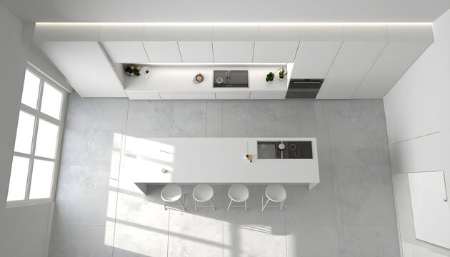 Minimalist White Kitchen Island Design, Overhead View Of A Modern, Sleek And Organized Culinary Space.