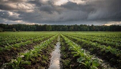 Obraz premium Vast agricultural field with neat rows of green crops under a dramatic, cloudy sky during a gentle rain shower, evoking growth and nature in rural landscape