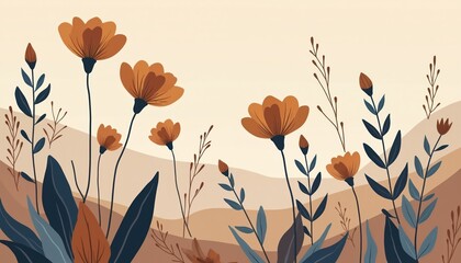 Naklejka premium Tall abstract flowers and foliage in warm earth tones against a simple background create a minimalist botanical art composition perfect for modern decor.