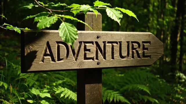 Wooden Adventure Signpost in Lush Green Forest with Sunlight Filtering Through Trees