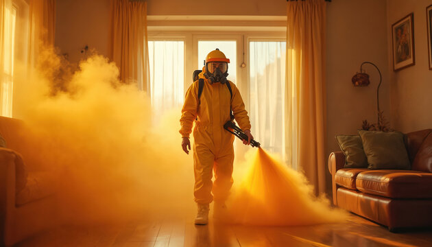 Man in yellow hazmat suit with respirator sprays orange fog indoors. Pro cleaner sterilizes room, kill germs. Pest control service fumigates house, apartment.